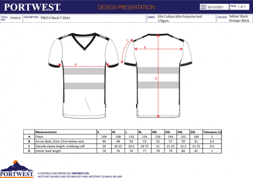 Tricou Hi-Vis, gat in v, galben/negru, regular, PW3, Portwest